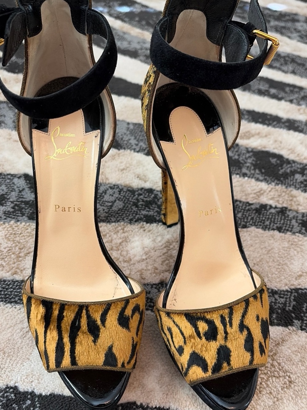 Christian Louboutin Black & Leopard Print Ankle-Strap Heels. US size 11